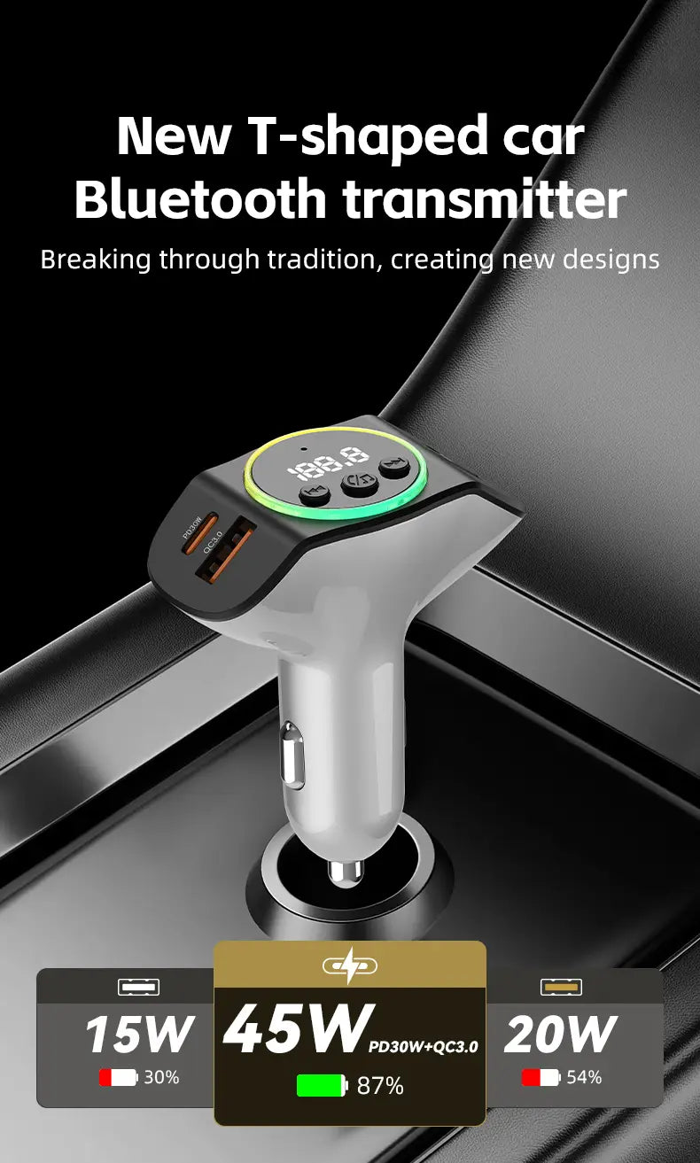 PD30W + QC3.0 Bluetooth 5.3 Car MP3 Player FM Transmitter Wireless Handsfree U Disk Play Music USB Type-C Car Fast Charger Adapter