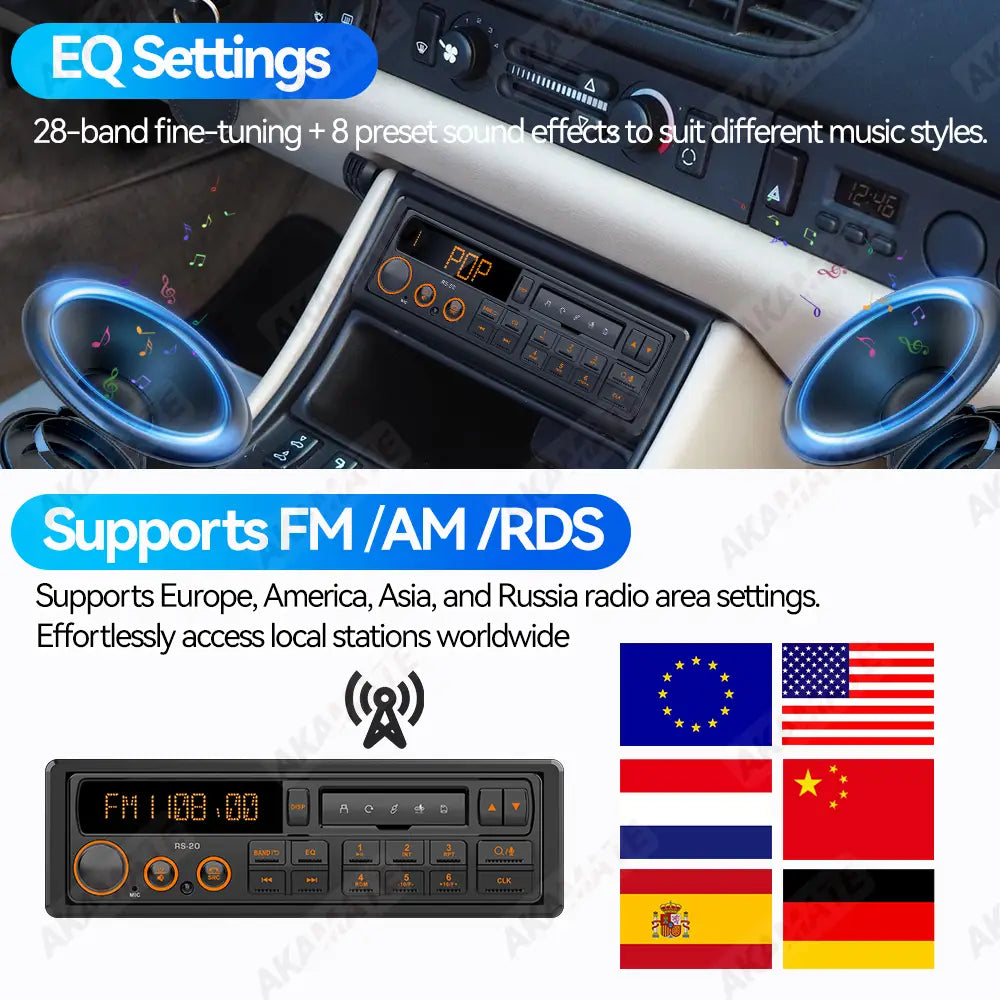 1 Din MP3 Retro Style Car Radio Bluetooth AUX FM AM RDS EQ QC3.0 Voice Control 12V Multimedia Stereo Head Unit USB TF Player