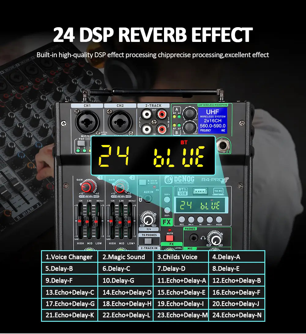 4 Channel Karaoke Audio Mixer with Dual UHF Wireless Microphone USB Bluetooth DJ Mixer for Party Computer Studio Recording DGNOG