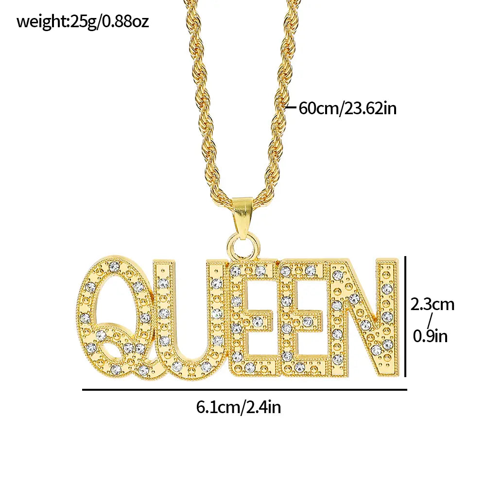 Men’s Hip Hop King Queen Pendant Necklace Full Rhinestone Bling Iced out Cuban Link Chain Fashionable Jewelry Gift