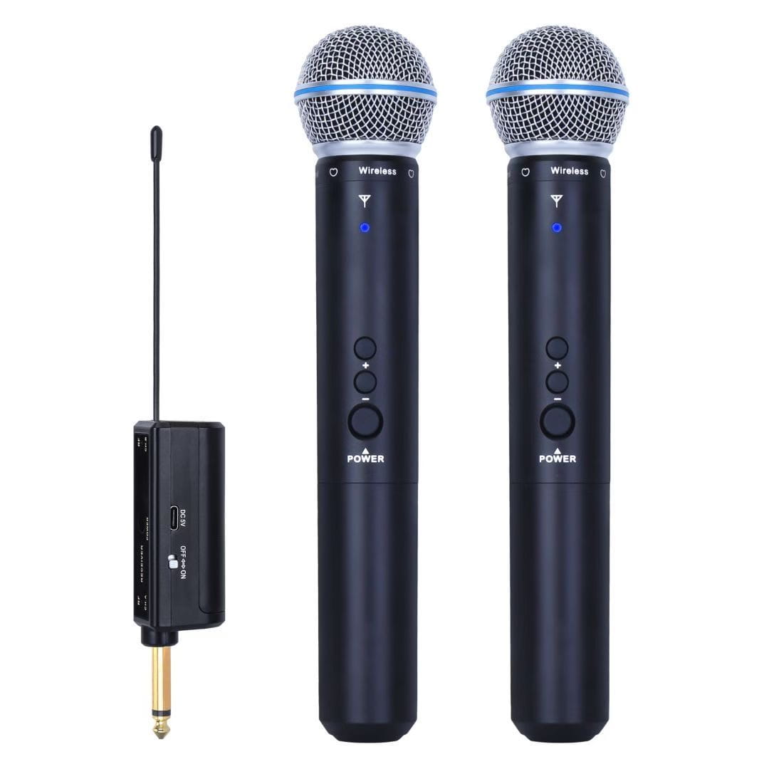 A professional dual-channel UHF wireless dynamic microphone system with a rechargeable receiver suitable for parties karaoke p