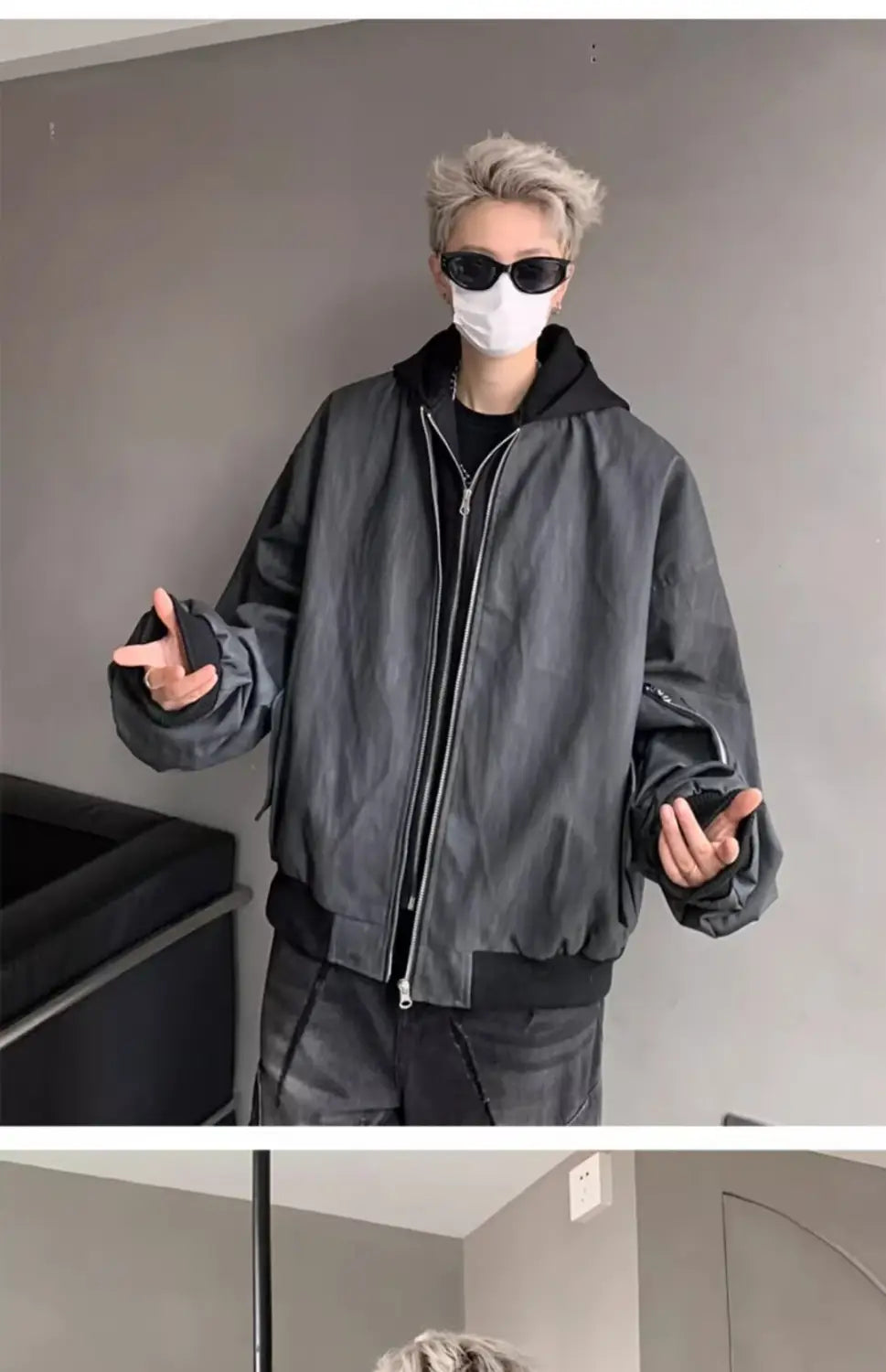 Hip Hop Style Fake Two-Piece Men’s Spring Autumn Baseball Jacket Pilot Coat Leather Shirt Trendy Handsome Hooded Coat
