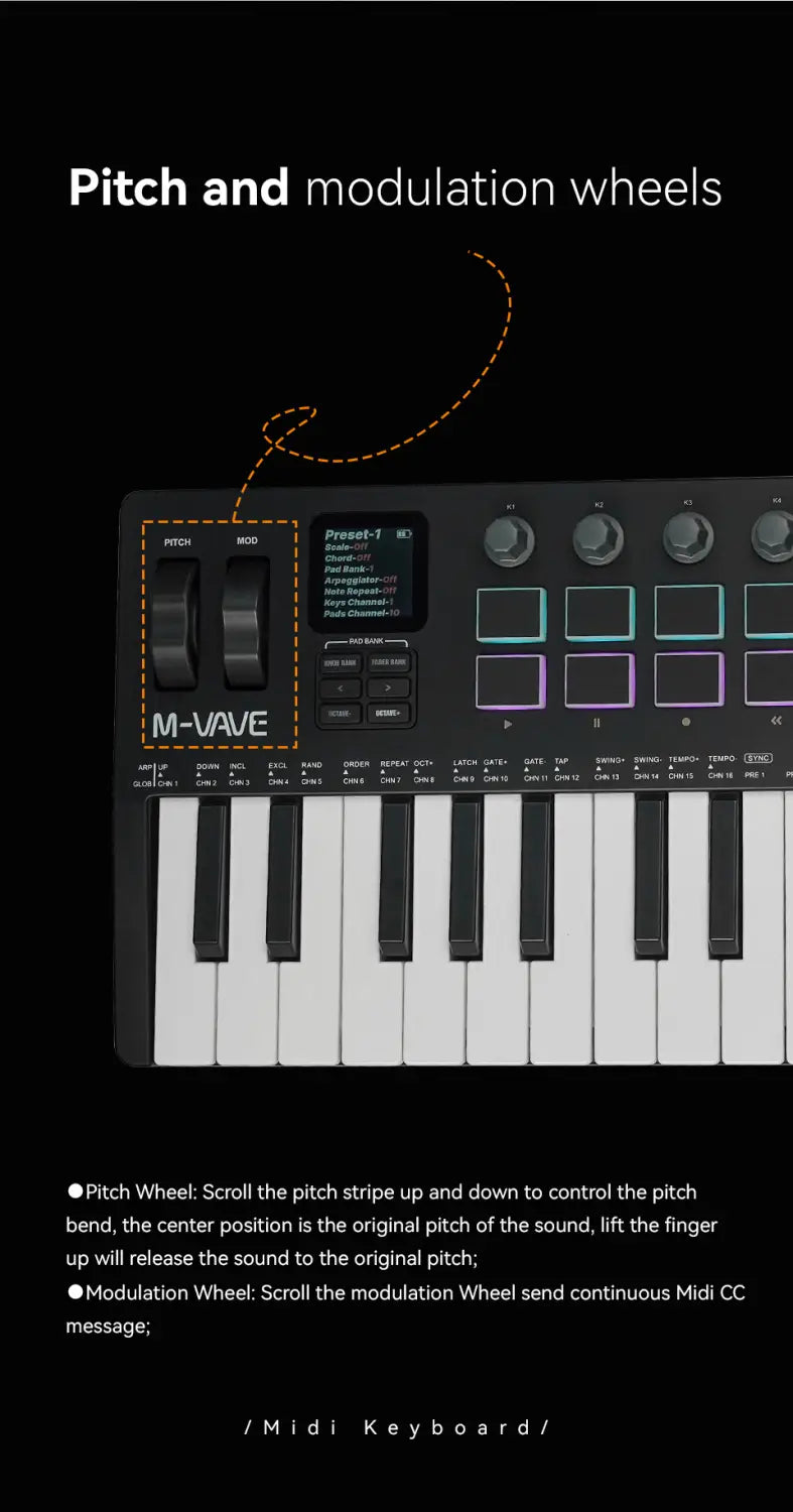 M-VAVE SMK-37 PRO Keyboard w/16 RGB Pads,8 Knobs & Wireless Bluetooth|Velocity-Sensitive Keys,Synth Engine/Music Production