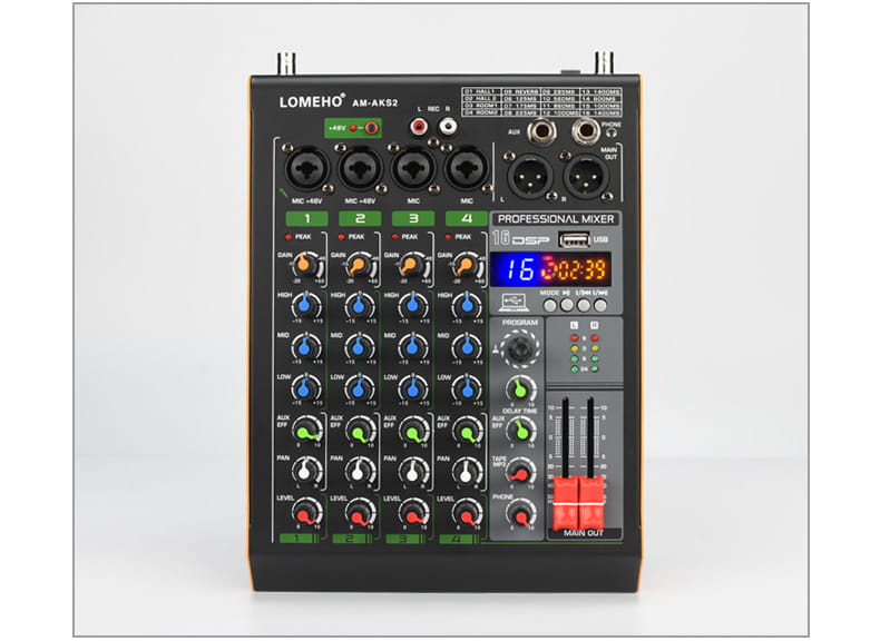 Professional 4 Channel Audio Mixer with UHF Wireless Microphone USB Bluetooth Karaoke System Sound Mixing Console LOMEHO AM-AKS2