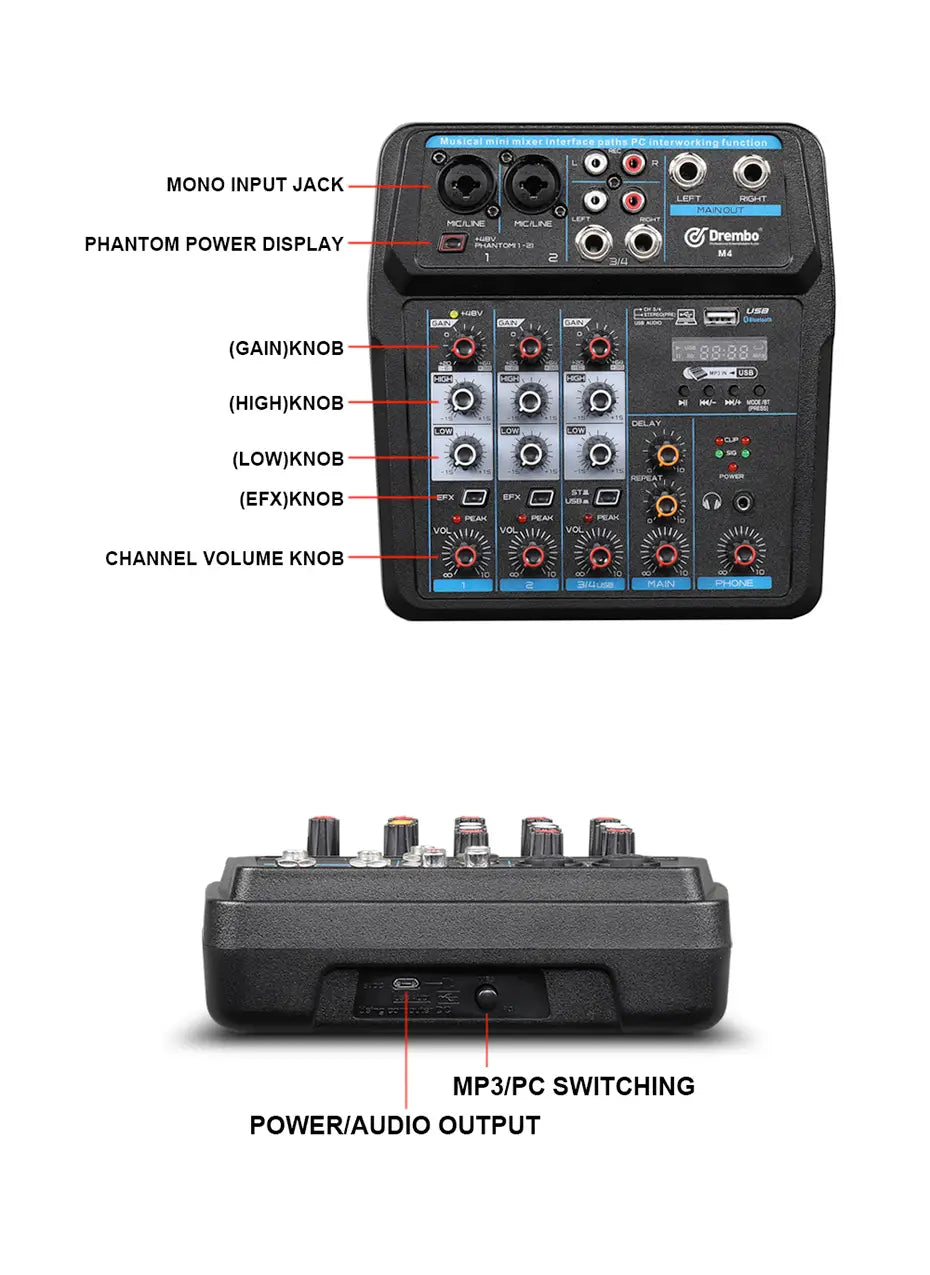 M4 M6 Aduio Mixer DJ Console with Bluetooth Sound Card for PC Recording Karaoke Microphone Instrument Mixing Audio Interface
