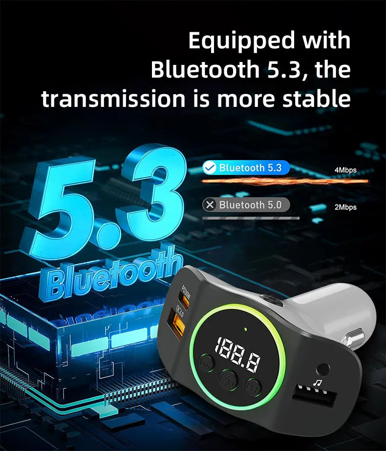 PD30W + QC3.0 Bluetooth 5.3 Car MP3 Player FM Transmitter Wireless Handsfree U Disk Play Music USB Type-C Car Fast Charger Adapter