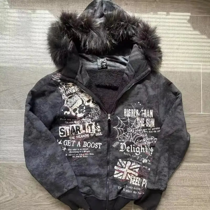 Harajuku Hip Hop Rock Street Men Women Black Fur Collar Zip Up Hoodie Skull Letter Flag Print Hoodie Gothic Trendy Casual Hoodie