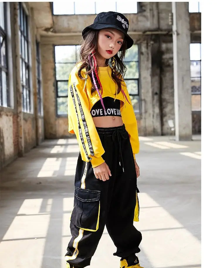 Hip Hop Girls Crop Top Contrast Street Dance Cargo Pants Children Sweatshirt Joggers Kids Streetwear Jazz Costumes Clothes Sets