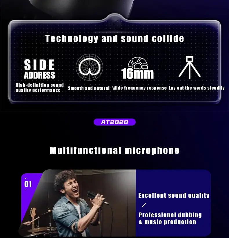 AT2020 Wired XLR Condenser Microphone Podcasting Desk Mic Stand Home Recording Studio For Singing Live Screaming