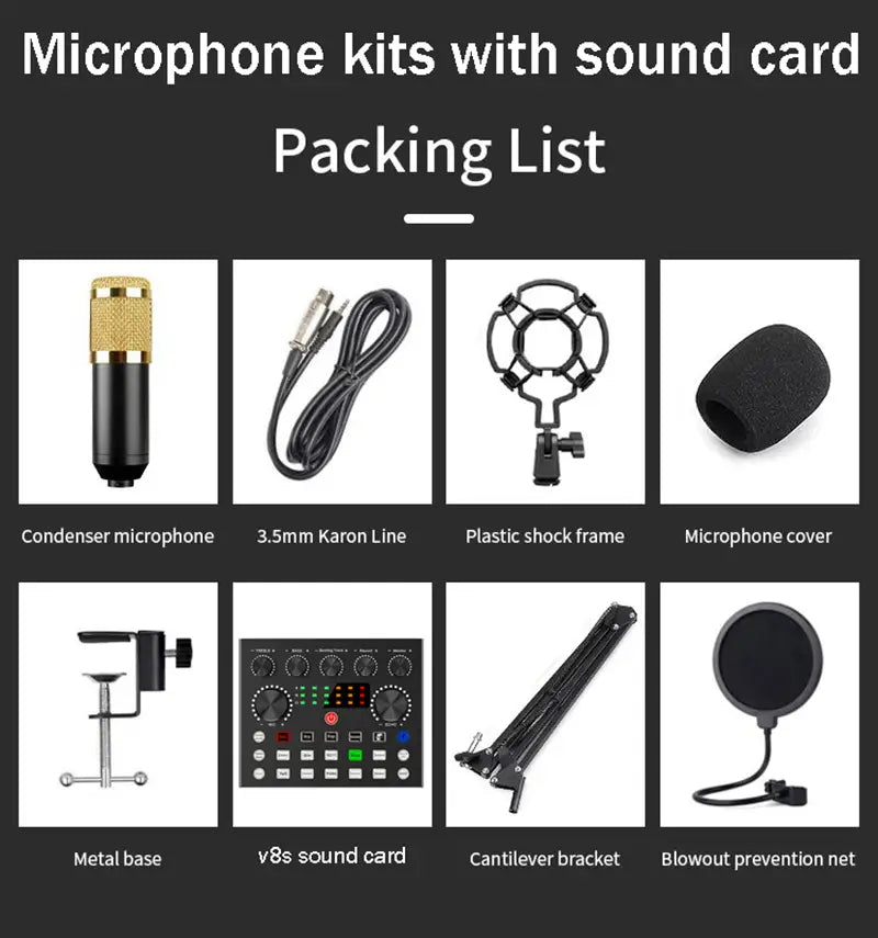 New BM800 Microphone Kits with Live Sound Card(Optional),Suspension Scissor Arm,Shock Mount and Pop Filter for Studio Recording