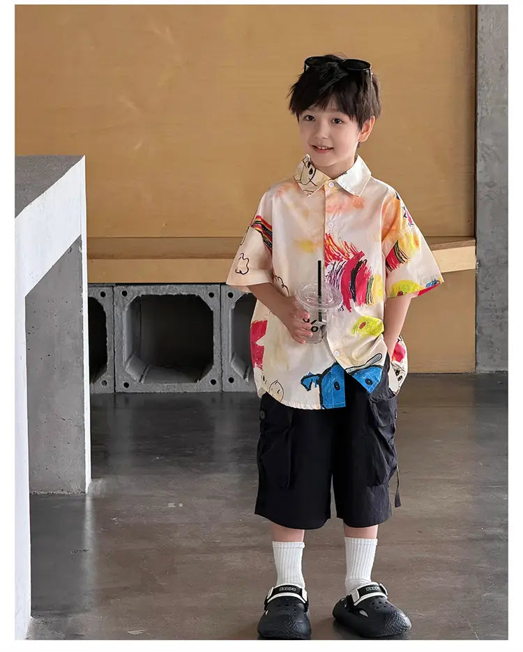 Hiphop Fashion Style Kids Boy Hip Hop Shirt with Drawings Baby Child Hiphop Rapper Dance Clothes Y2K Streetwear Clothes Tops
