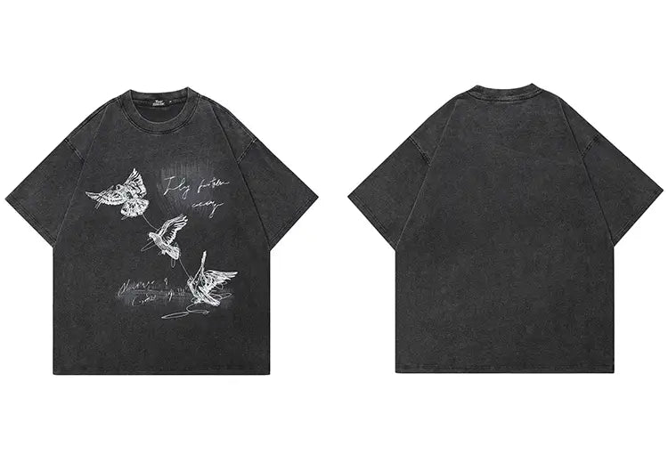 2026 Hip Hop Faded Black T-Shirt Streetwear Aesthetic Graphic T Shirt Flying Birds Printed Men Tshirt 100 Cotton Tops Tees