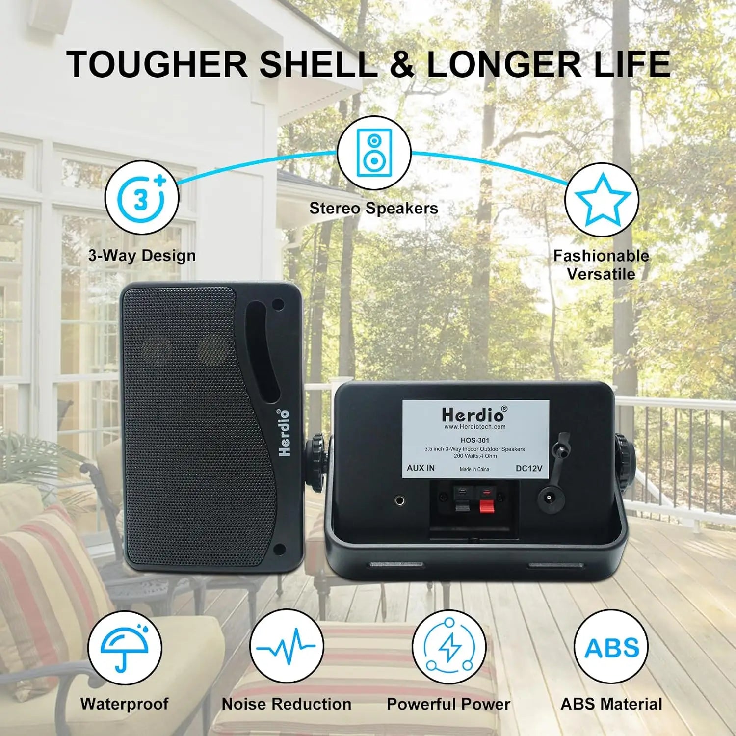 Herdio 3.5’’ Outdoor Bluetooth Speakers Waterproof 200W 3 Way Upgrade Premium Wall Mount Speakers Durable Mountable Loud Sound