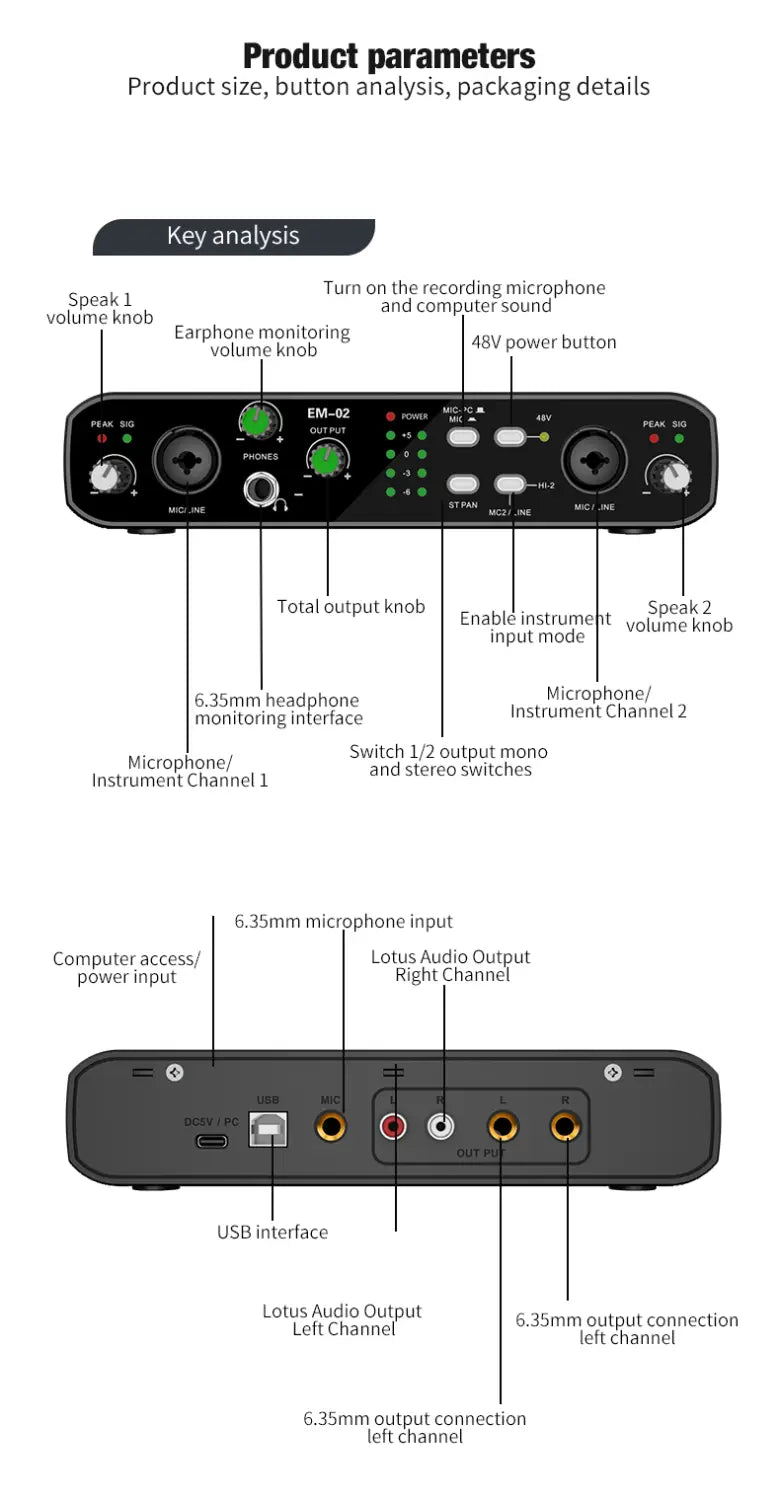 Sound Card Audio Mixer USB Audio Interface With Mic Preamplifier XLR/TSR/TS Ports 48V For Computer Recording Stream&Live Stream