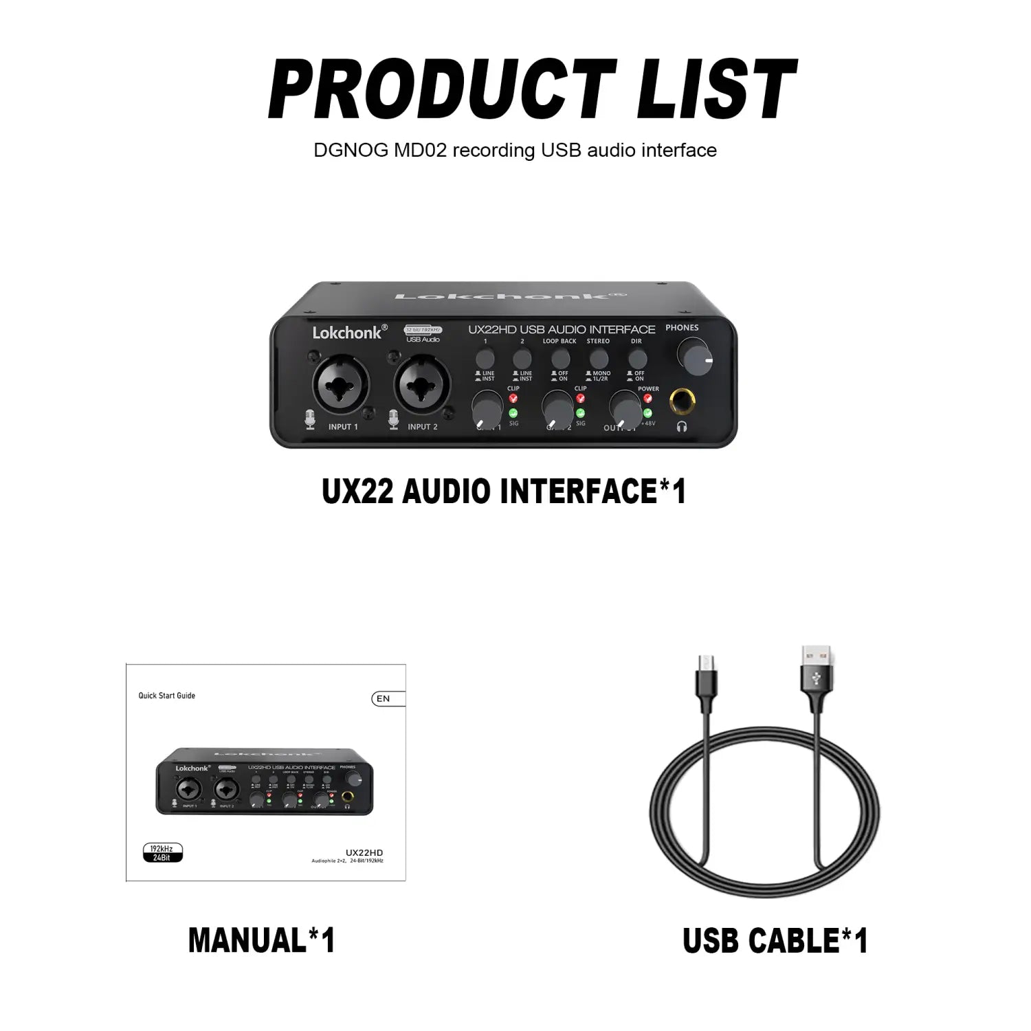 Lokchonk UX22 Audio Interface Studio Quality Recording Sound Card for Guitarist Singer Podcast Music Production
