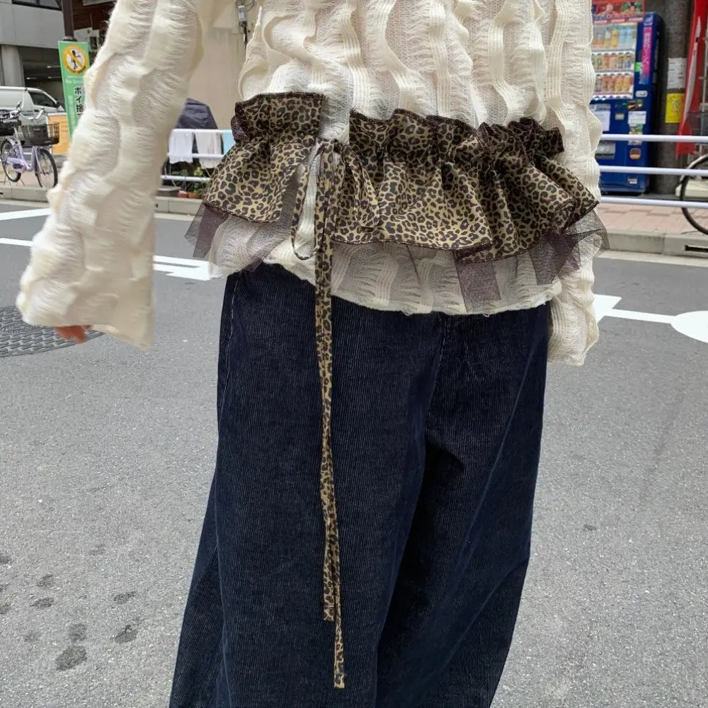 Hip-hop Leopard Print Hip Scarf Skirt Sweet Mesh Ruffled Edge Waistband Y2K Shirt Extender Layer Outfits Belt Jeans Decor