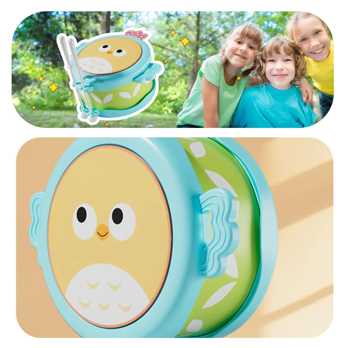Owl Double sided Drum - Education Musical Instrument Cultivating Motor Skills Hand Eye Coordination and Brain Potential