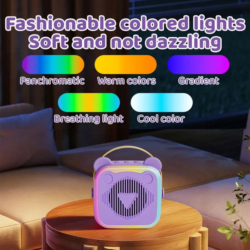 Portable Mini Karaoke Machine 3.5mm Earphone HIFI Surround Mini Home Karaoke Speaker Wireless Microphones RGB Lights