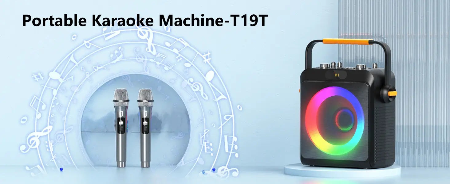 T19-T Karaoke machine with 2 wireless microphones black Karaoke speakers with bass/treble adjustment