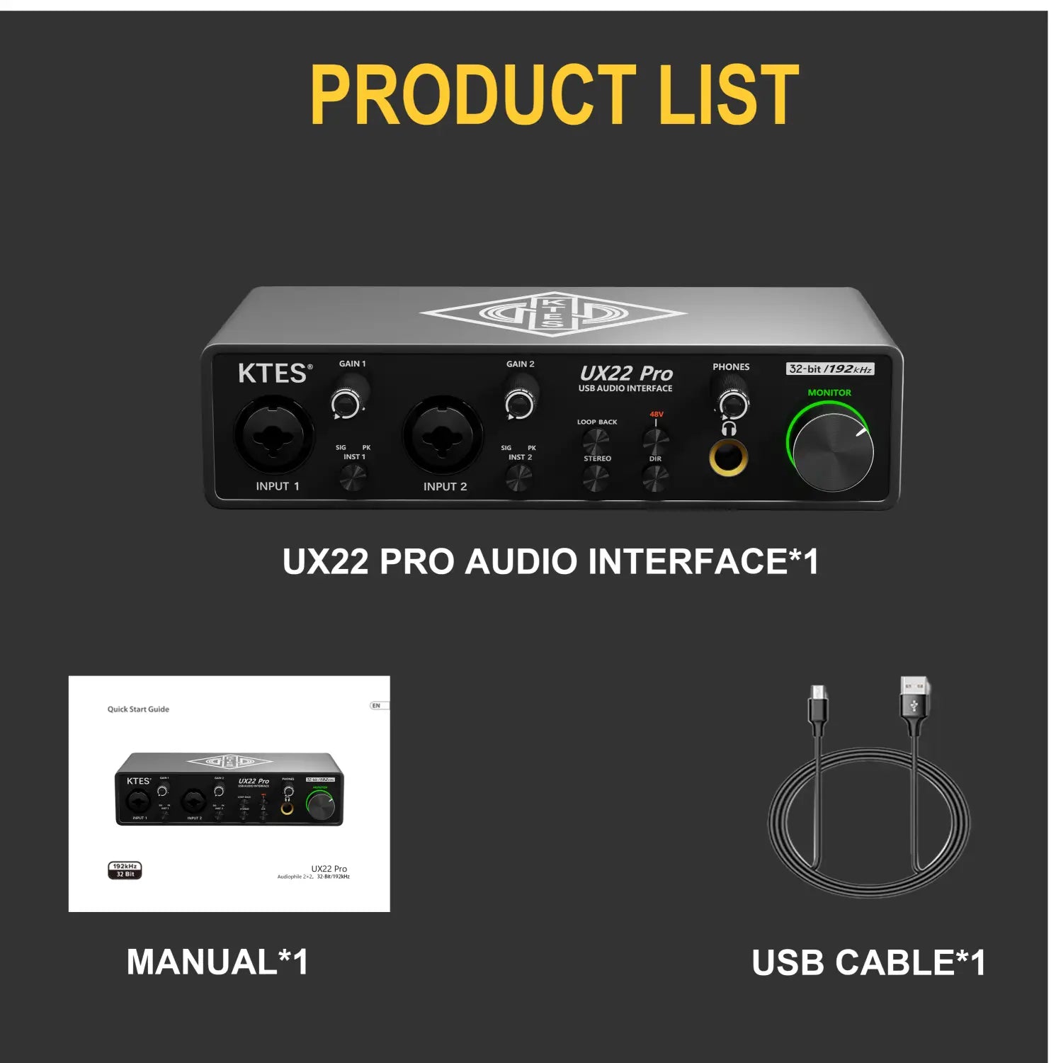 UX22 Pro Audio Interface 192kHz 32-Bit USB Sound Card for Studio Recording Live Streaming Podcast DAW Music Production & YouTube