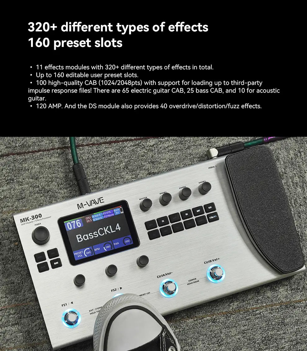 M-VAVE MK 300 Guitar Multi-Effect Processor ANN Neural Modeling 120AMP,360FX,10h Battery,150s STEREO LOOPER,128 Drum MIDI DAW