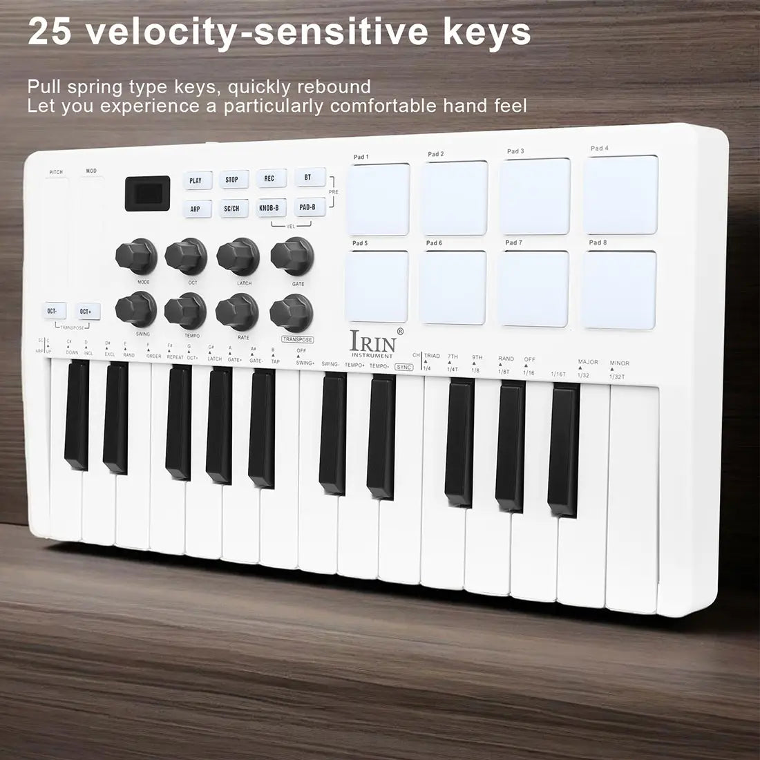 IRIN SMK-25 25 Keys MIDI Keyboard Controller 8 RGB Backlit Drum Pads Rechargeable USB Keyboard Strike Pad for Music Production