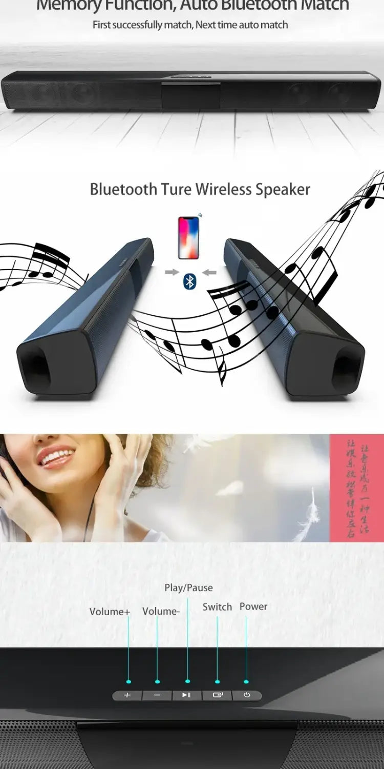 Rechargeable Wireless Bluetooth Speaker Home Theater Soundbar Powerful Sound Speakers with AUX/USB/RCA FM Radio Remote