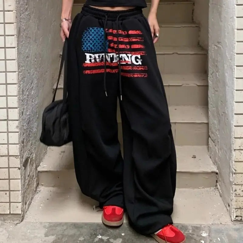 Women Retro American High Street Gothic Print Drawstring Wide Leg Sweatpants for Cotton Hip-hop Loose Versatile Sports Trousers