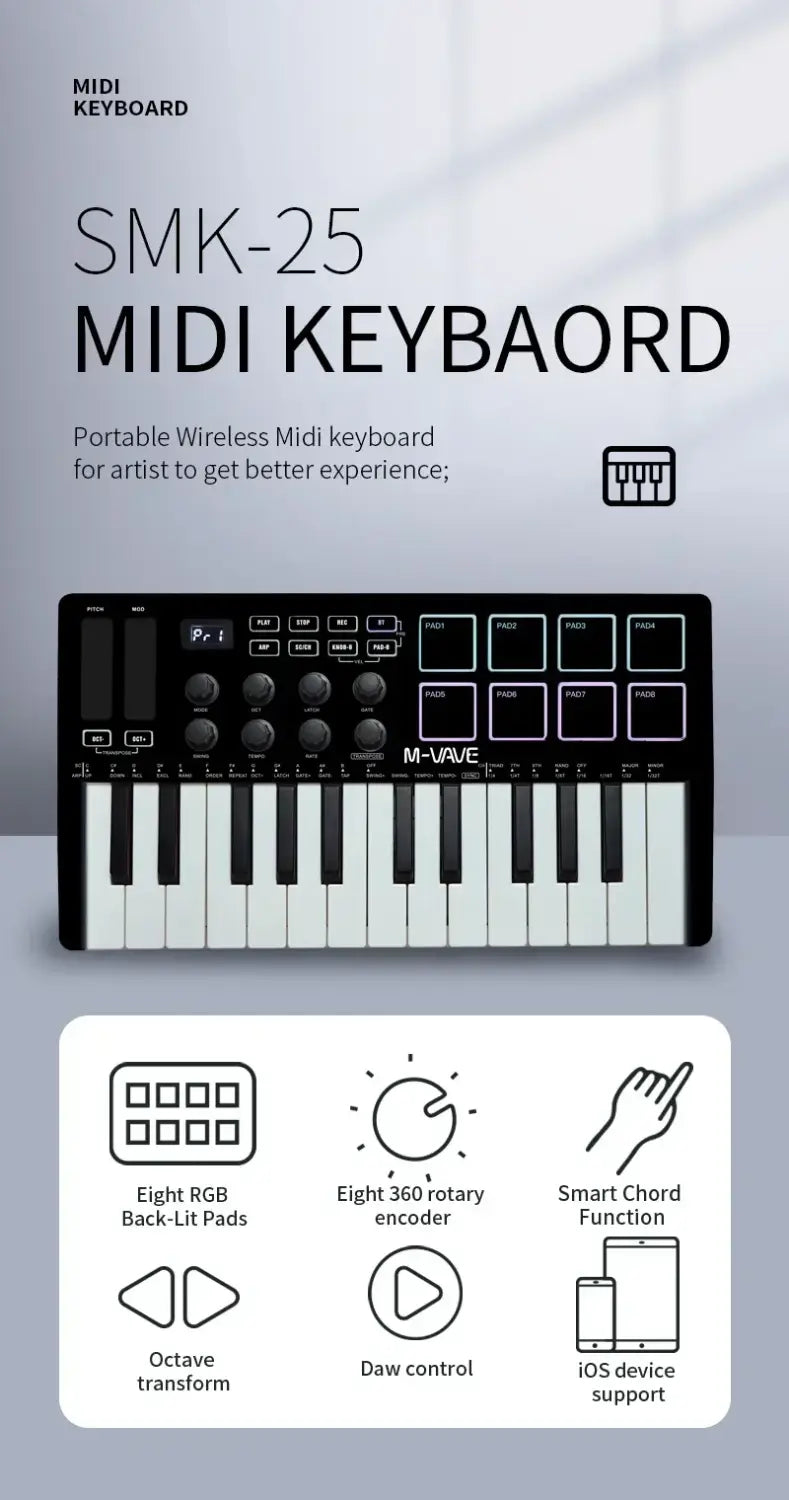 M-VAVE 25-Key MIDI Control Keyboard SMK-25 Mini USB Keyboard MIDI Mini Portable USB Keyboard MIDI Controller Rechargeable Parts