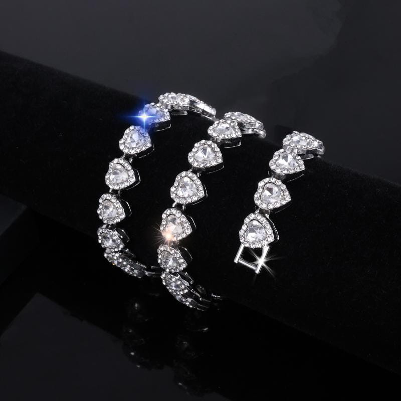 45CM New Hip Hop Tennis Chain Bracelet Necklace Shiny Heart Rhinestone CZ Fashion Rock Party Jewelry