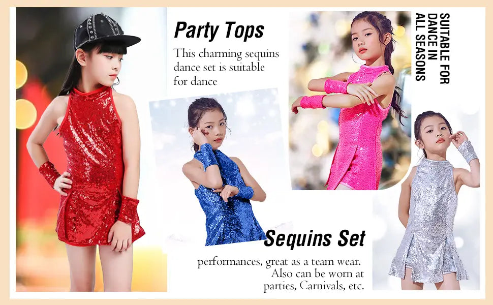 LOlanta Girls Sequins Dance Clothes Dress 4-12 Years Sparkle Hip Hop Jazz Dance Outfit Sleeveless Top and Shorts