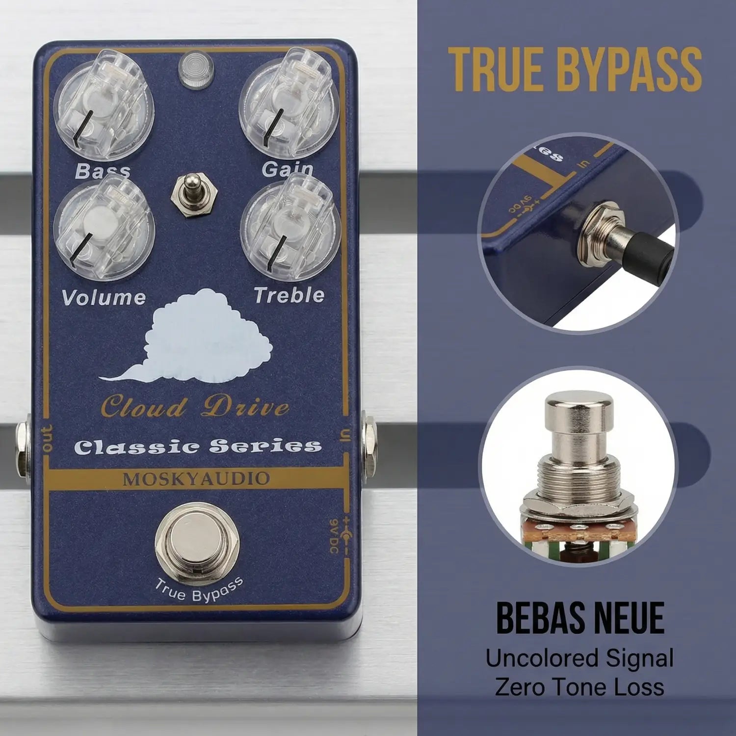 Moskyaudio Cloud Drive Classic Clean Overdrive Guitar Effect Pedal with Flexible Dual Band EQ Pre/Post Control for Guitar
