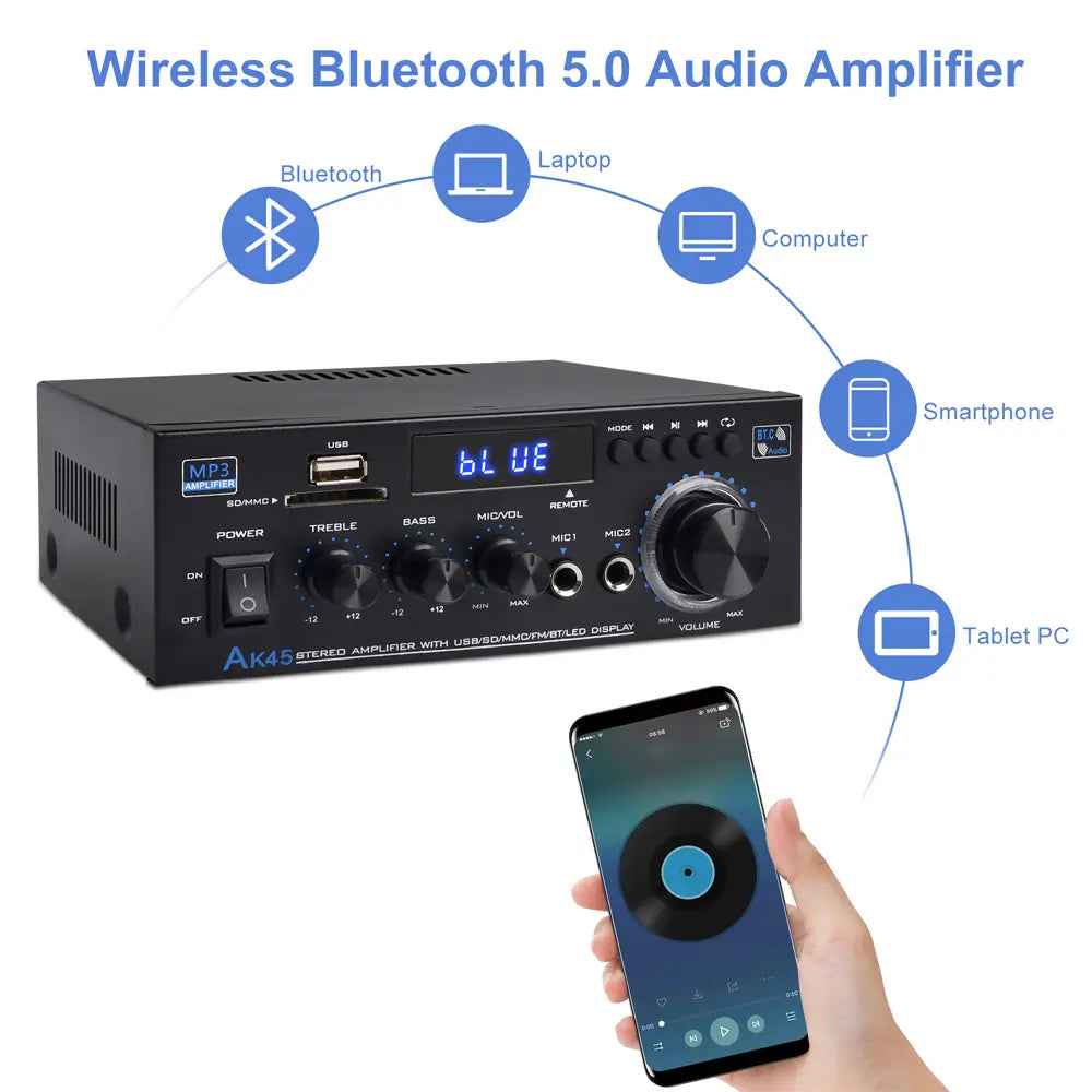 Channel 2.0 Surround Sound HiFi Digital Amplifier AK45 Bluetooth MP3 AMP Support 90V-240V for Home Car MAX 300W*2 for Speakers