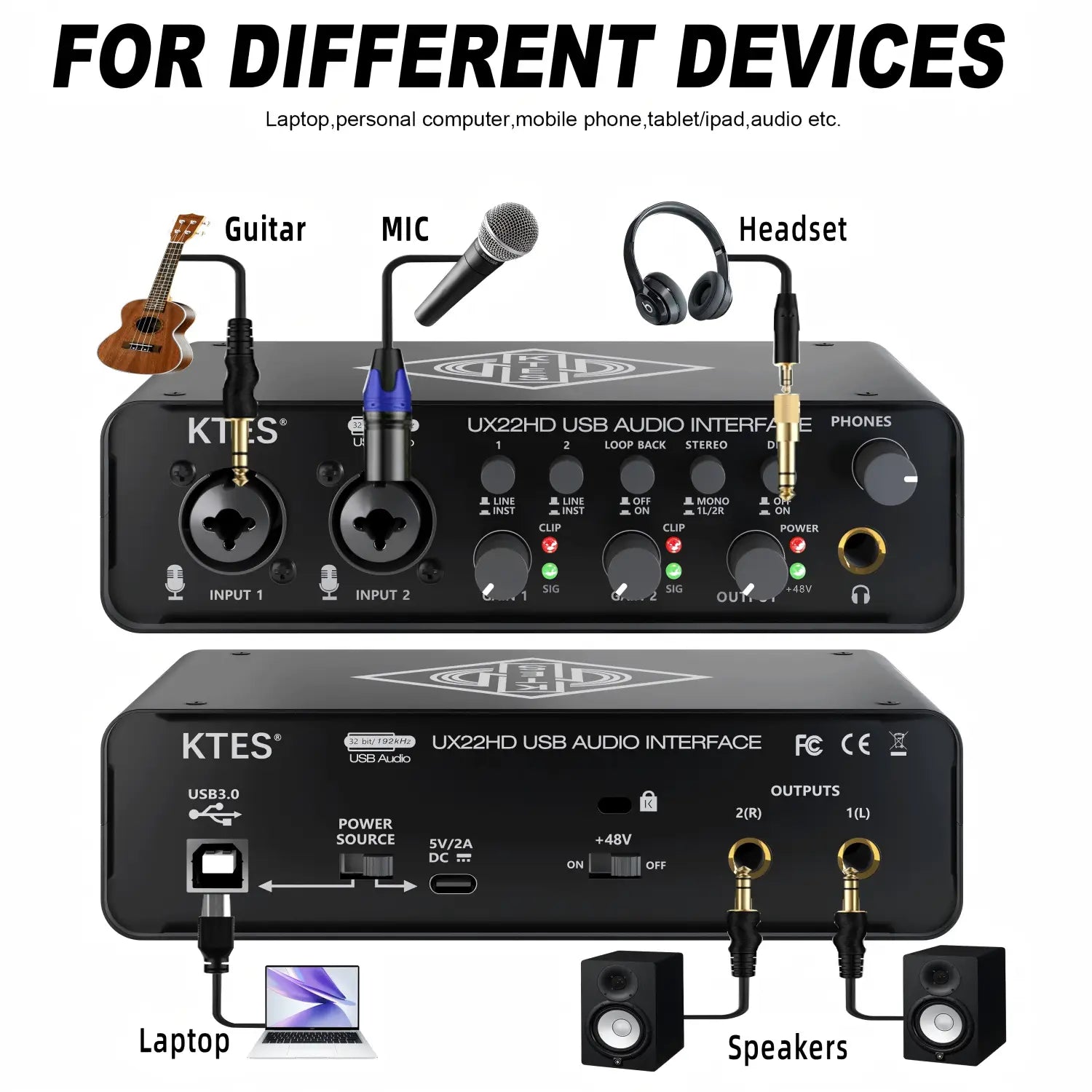 UX22 Audio Interface 192kHz 32-Bit USB Sound Card for Studio Recording Live Streaming Podcast DAW Music Production & YouTube