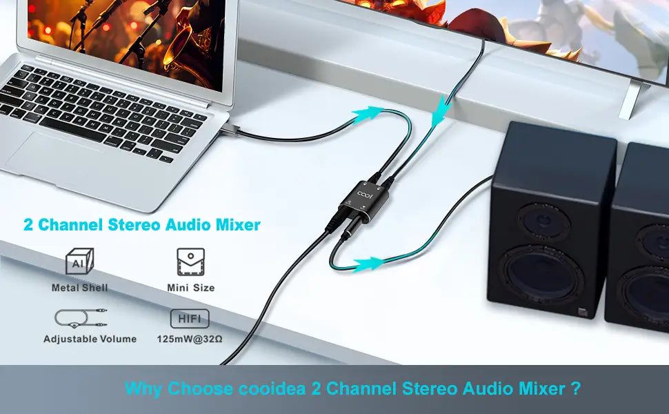 Cooidea 2 Channel Mini Stereo Audio Mixer 2 In 1 Out Stereo Sound Mixer Include Audio Cable