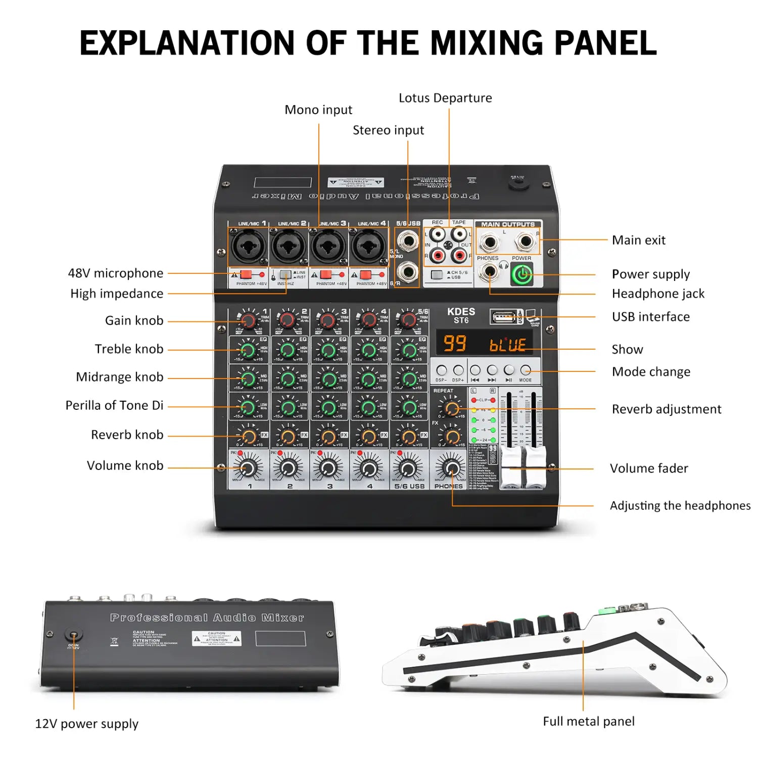KDES Audio Mixer 4-6-8 Channel 99 DSP Effect Record PC 48V Phantom Power USB Sound Mixers Bluetooth DJ Console Mixing for Karaok