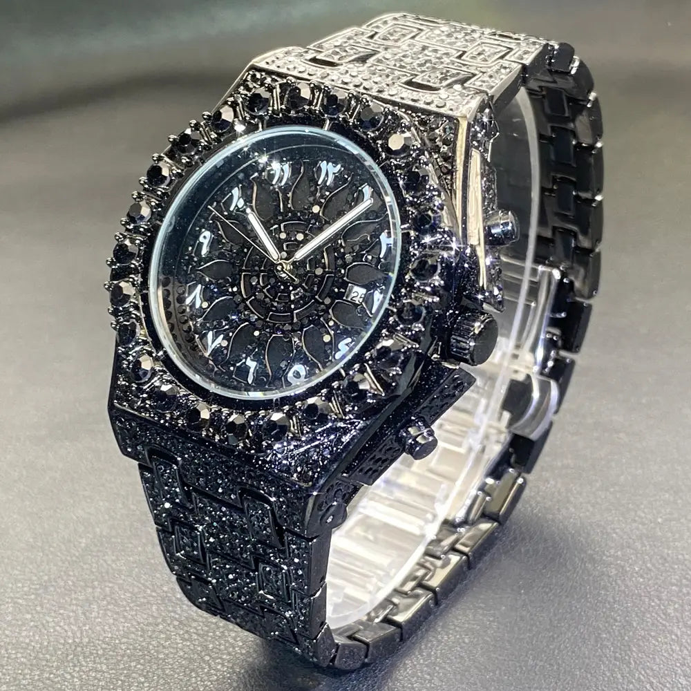 MISSFOX Hip Hop Wristwatch For Men Luxury lce Out Full Diamond Watches Fashion Green Watch Wterproof Week Display Clock 2025