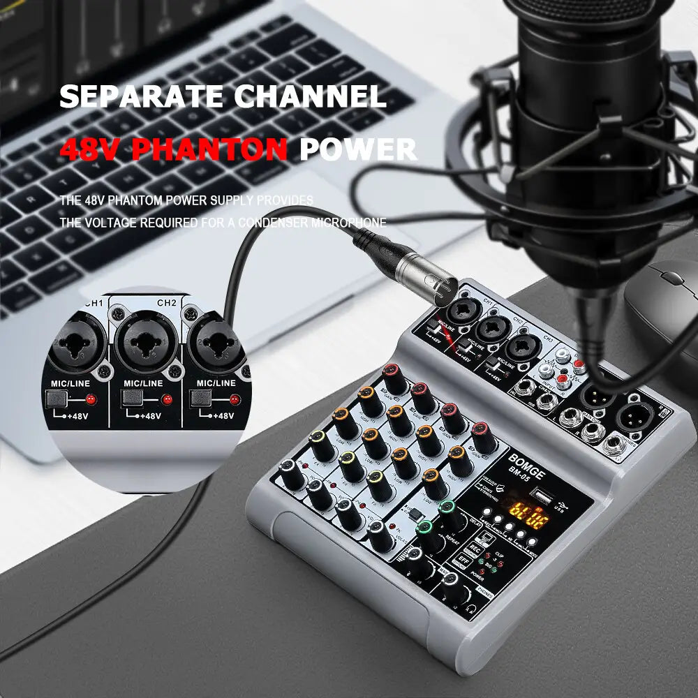Mixer BM-05 Dj Mixing Console Met Bluetooth 48V Phantom Power Monitor Karaoke Systeem Usb Mixer Audio