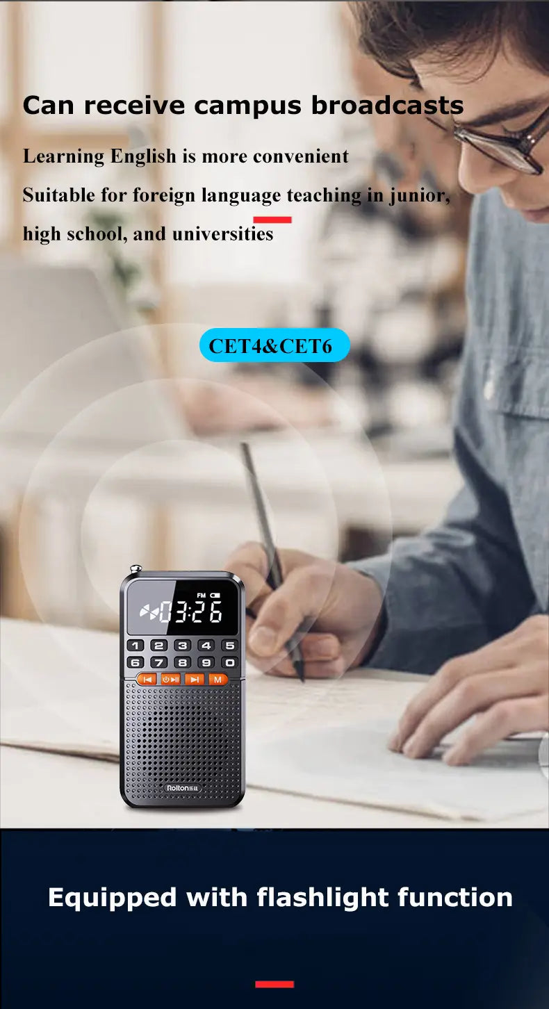Portable FM Mini Radio Dual Antenna Pocket Radio Receiver Bluetooth 5.0 Speaker TF Card Music Player with LED Flashlight