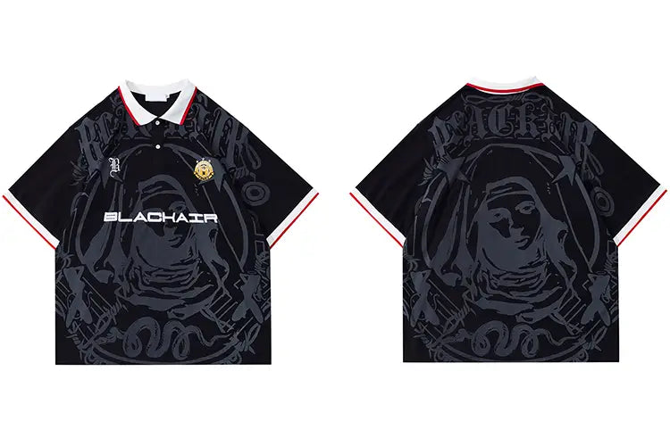Hip Hop Streetwear Polo T-Shirt Virgin Mary Graphic T Shirt Men Polo Shirt Short Sleeve Harajuku Cotton Tops Tees Red Grey