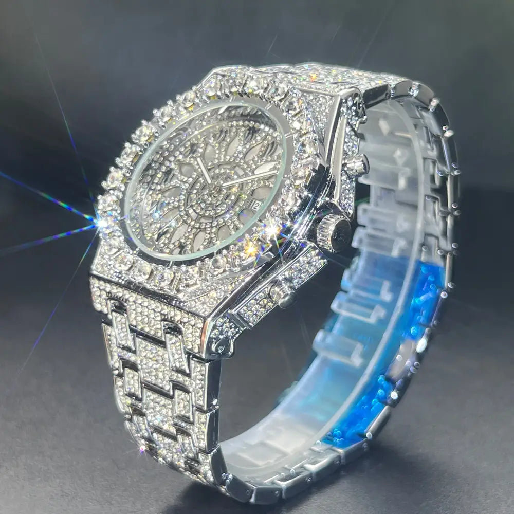 MISSFOX Hip Hop Wristwatch For Men Luxury lce Out Full Diamond Watches Fashion Green Watch Wterproof Week Display Clock 2025
