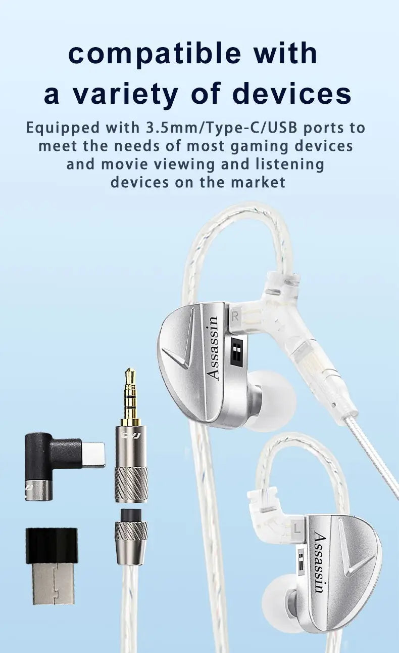 CVJ Assassin Silver in Ear Earphones 1BA + 1DD + 1Vibrate Game Mode HIFI Microphone Hybrid Tuning Switch Wired Earbuds IEM Headphone
