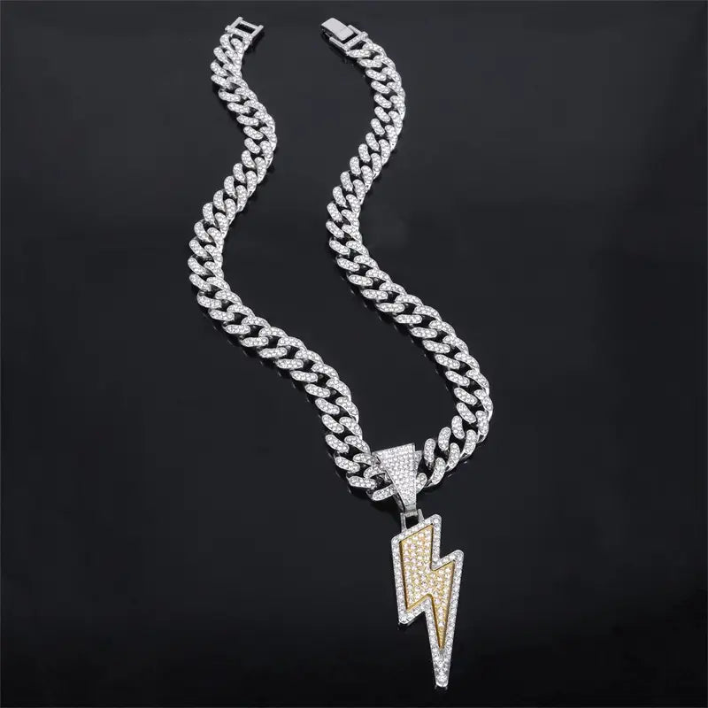 Hip Hop Full Purple Cz Zircon Lightning Pendants Necklace With 20inch Iced Out Miami Cuban Chain Rapper Party Wear Jewelry