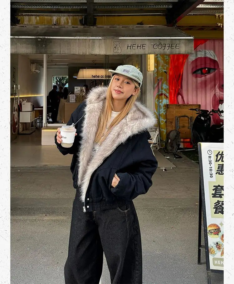 American Retro Fur Collar Hooded Jacket Women Y2K Streetwear Winter New Velvet Thickened Warm Harajuku Loose Casual Jacket