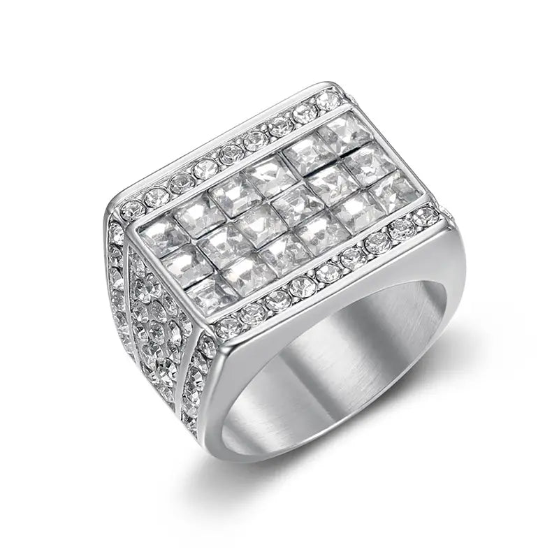 HIP Hop Rhinestone Paved Bling Iced Out Stainless Steel Geometric Square Finger Rings for Men Rapper Jewelry Gift