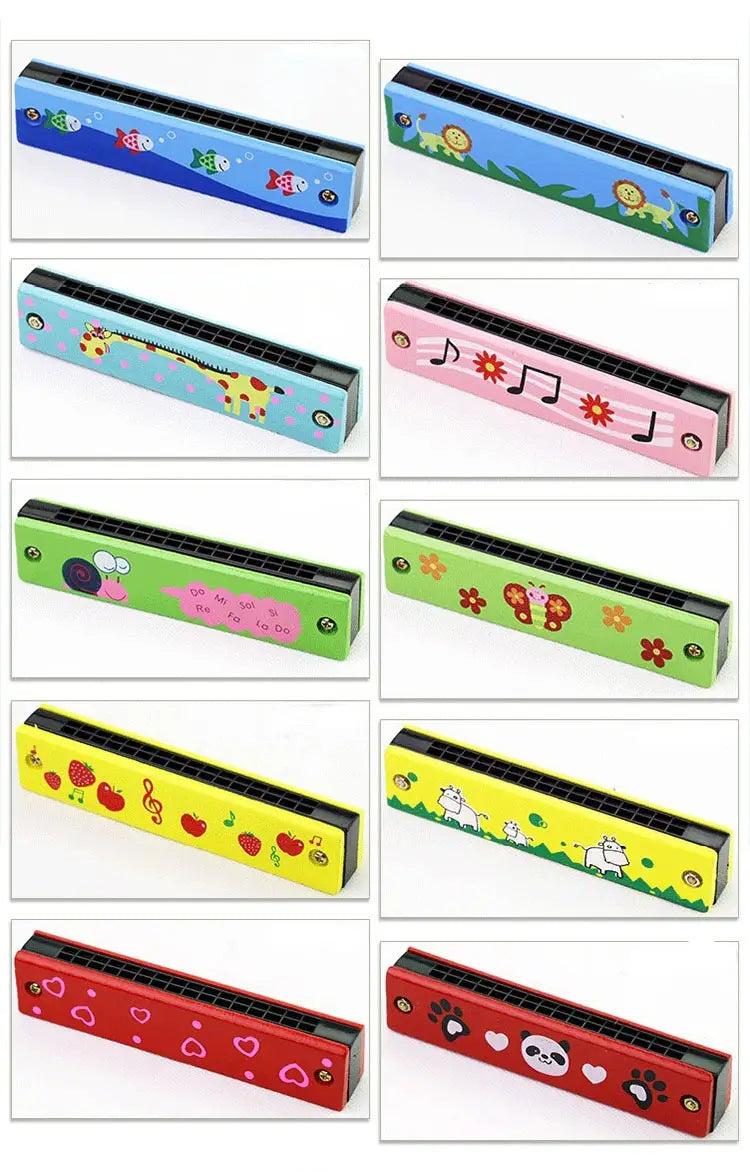 16-Hole Wooden Harmonica Cartoon Animals Painted Toy Musical Instrument Play Kids Early Educational Toys for Children Gifts
