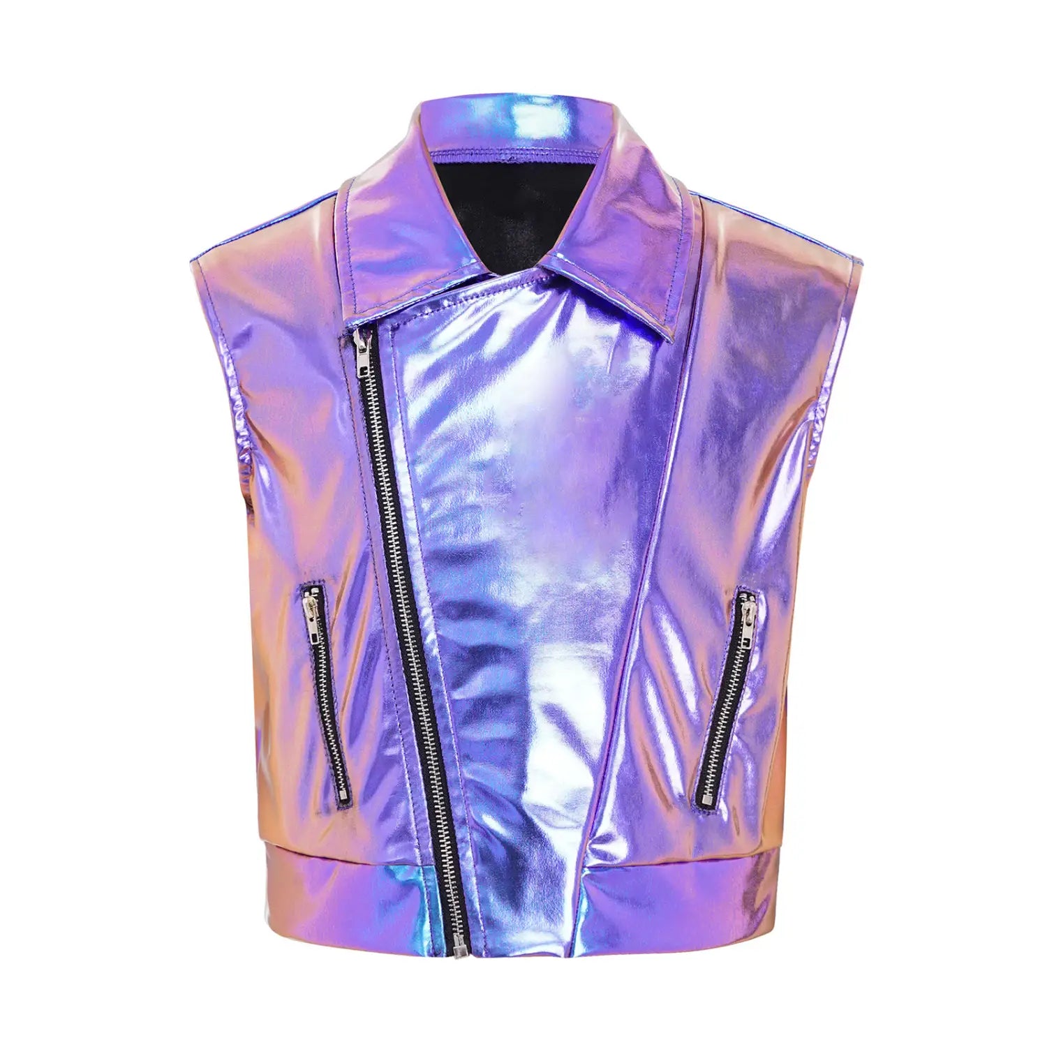 Kids Boys Girls Hip Hop Jazz Dance Performance Costume Turn-Down Collar Vest Zipper Metallic Jacket Tops Sleeveless Outerwear