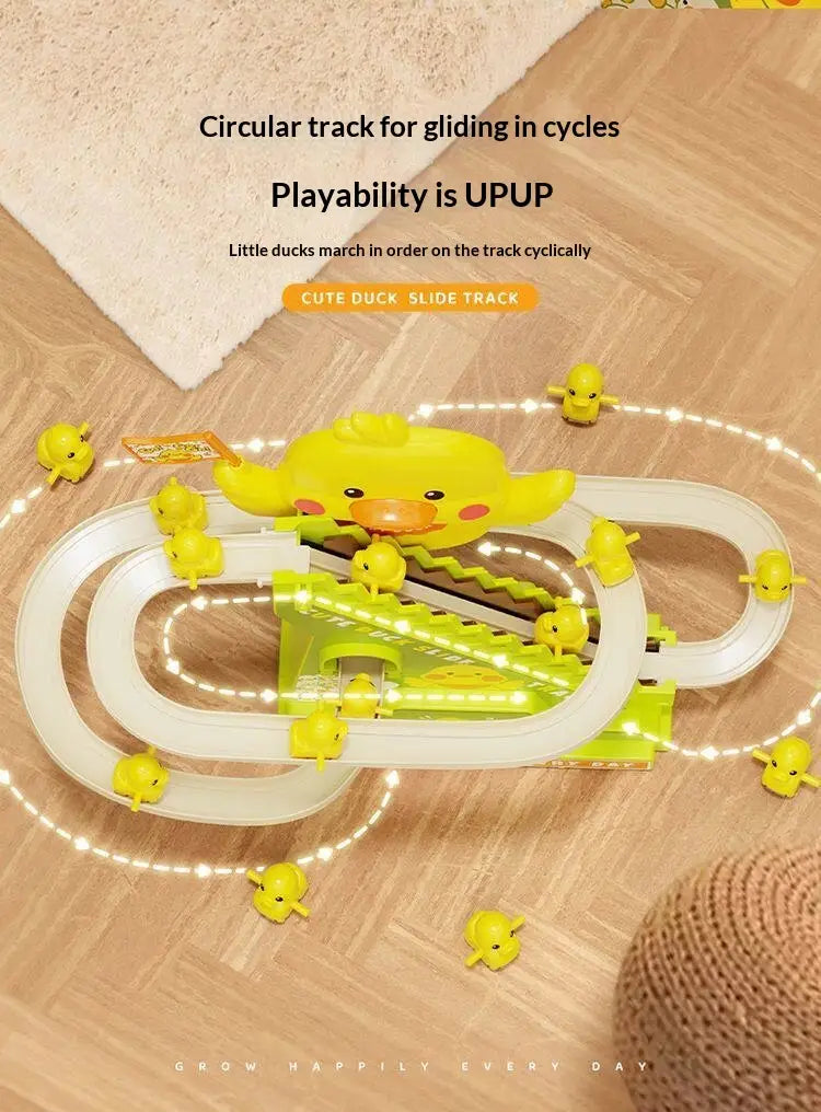 Electric Duck Climbing Stairs Toy with LED Lights & Music Roller Coaster Track Slide Parent-Child Interactive Toy for Kids