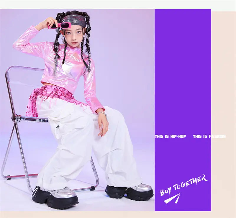 Pink Hip Hop Costume Girl Long Sleeve Laser Crop Top Shirt White Pant Sequin Hip Scarf Kids Stage Clothes Glitter Metallic Shiny