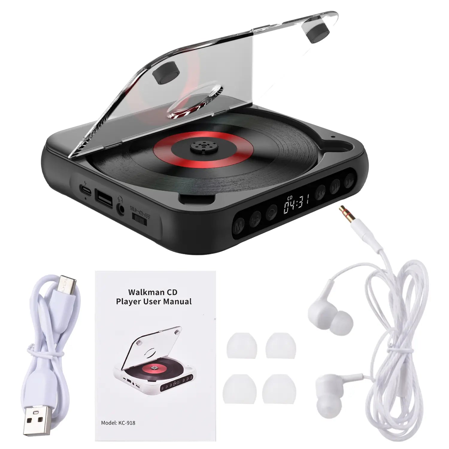 KC-918 CD Player Portable BT Music Player CD Runner Dustproof Cover 6 Modes A-B Repeat Timer Remote Control External Playback